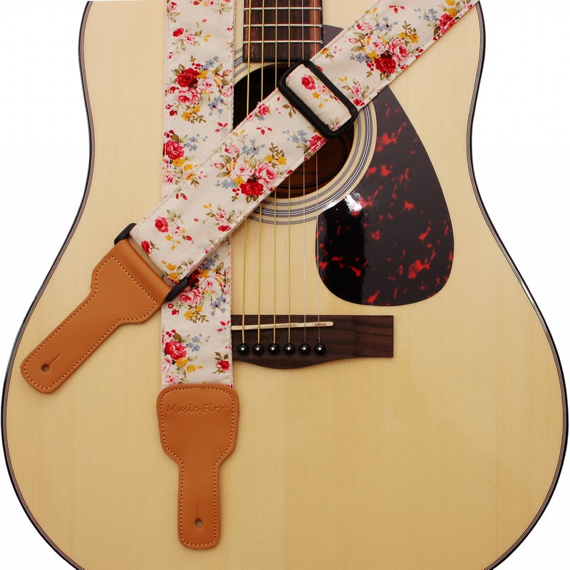 MUSIC FIRST Original Design, 2 inch width (5cm), â€œRosa Multiflora in Creamâ€ Padded Soft Muslin & Genuine Leather Floral Guitar Strap Electric Guitar straps - Image 1